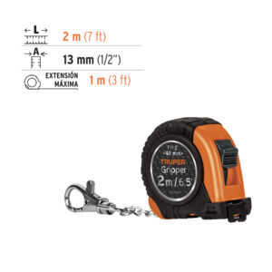 Flexómetro Gripper de 2 m tipo llavero cinta 13 mm TRUPER